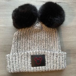 Love Your Melon gray knitted beanie with removable Mickey Mouse pom pom ears.